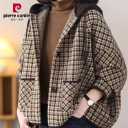 皮爾卡丹（pierre cardin）2025春秋新款高級感格子毛呢短外套女寬松慵懶蝙蝠袖加厚連帽衛(wèi)衣 卡其色 M 建議85-100斤