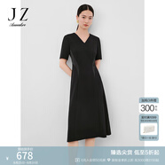 玖姿·安娜蔻簡(jiǎn)約優(yōu)雅clean fit拼接收腰小V領(lǐng)連衣裙女2024夏款 素黑 XL