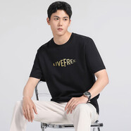 森馬液氨絲光棉短袖t恤男2025夏季高端冰絲半袖寬松薄款潮流印花體恤  19607-6黑色   薄款 M 【適合115斤以下】