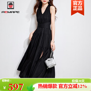 AEMAPE2025夏季流行單品時(shí)尚輕熟優(yōu)雅大氣長(zhǎng)裙子女神范開叉赫本風(fēng)連衣裙 宴會(huì)黑 M