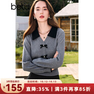 百圖betu女裝秋季新款毛針織衫拼色翻領(lǐng)甜美紐扣針織衫女2408T10 灰色 L （紅色預(yù)售10/24發(fā)貨）