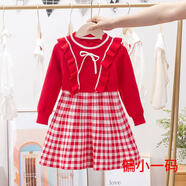 霖貝熊女孩1-5歲裙子春秋套裝中小童3歲孩子兩件套連衣裙可愛(ài)洋氣公主裙 紅色針織裙子（偏小一碼） 100