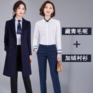 芭妃婭職業(yè)裝毛呢外套女中長(cháng)款黑色酒店工裝銀行工作服呢子大衣女冬加厚 892藏青色+加絨襯衫 L