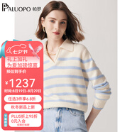 帕羅（PALUOPO）秋冬女士翻領(lǐng)加厚羊絨衫撞色條紋淑女提花100%山羊絨針織毛衣 米白 M 100
