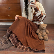 森女部落復古秋冬撞色格子拼接半身裙女2025新款百搭燈芯絨A字裙 棕色半身裙 L