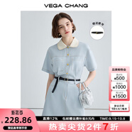 VEGA CHANG法式茶歇連衣裙女2025年夏款高級感氣質(zhì)顯瘦赫本風(fēng)長裙 baby藍（短款） L