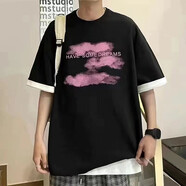 衣然呈品潮流短袖T恤男夏季美式復(fù)古字母印花寬松百搭休閑半袖上衣服男裝 黑色 渲染 XL【建議120-140斤】