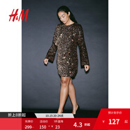 H&M女裝連衣裙秋季時尚晚派對圓領(lǐng)長袖亮片連衣裙1204941 古銅色 L 170/104
