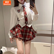 婍妡（Qeeshine）甜辣風(fēng)套裝女秋季學(xué)院jk制服女襯衣格子半身裙短裙欲兩件套 長(zhǎng)袖襯衫+紅格裙(兩件套) S