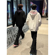 靖颯美式復古字母刺繡小火苗連帽衛衣男秋冬季重磅硬挺加絨帽衫情侶裝 白色 常規 XL 建議120斤到140斤