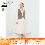 lagogo氣質(zhì)流蘇系帶連衣裙女拉谷谷2024春秋新款舒適馬甲兩件套 米黃色(K6) S