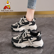 稻草人（MEXICAN）春季真牛皮炸街老爹鞋女2025秋冬新款厚底增高運動鞋百搭跑步女鞋 絨面蘋果黑色 35