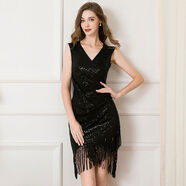 星舞演出服女無(wú)袖亮片流蘇跳舞連衣裙顯瘦摩登交誼廣場(chǎng)舞黑 黑色 S