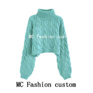 vnxifm歐美高領(lǐng)套頭短款麻花毛衣女秋冬新款慵懶風(fēng)寬松加厚針織毛衣 天藍色 均碼