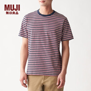 無(wú)印良品 MUJI 男式 印度棉天竺編織 條紋短袖T恤 深海軍藍(lán)X圖案 S