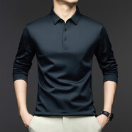 勁霸（JinBa）桑蠶絲長(zhǎng)袖T恤男春秋季商務(wù)休閑翻領(lǐng)體恤衫 藏青色 S 165