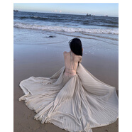 香秥妮超仙海邊度假洋裝露背長裙高級氛圍拍照女神穿搭性感仙氣套裝裙 豆沙綠露背款(高品質(zhì)，帶胸墊) S