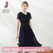 經(jīng)典故事（JANE STORY）經(jīng)典故事2025夏季新款V領(lǐng)拼按蕾絲裙修身通勤顯瘦短袖雪紡連衣裙 深藍(lán)色 M33 L