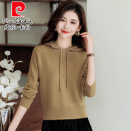 皮爾卡丹（pierre cardin）連帽毛衣女秋冬加厚帶帽針織衫高腰短款衛衣小個(gè)子上衣套頭打底衫 卡其色 S 90斤以下穿
