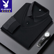 花花公子（PLAYBOY）男士長(cháng)袖t恤純棉假兩件爸爸春秋上衣中老年打底polo衫衛衣 XYL37-K559黑色 S 165【建議120斤以下】