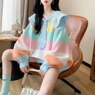 右小姐娃娃領(lǐng)釘珠大碼針織毛衣女2025春秋寬松外穿慵懶風(fēng)百搭減齡打底衫 藍色 M 100斤以下