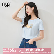 歐莎（OSA）白色短款T恤女士夏季新款衣服短袖印花顯瘦正肩上衣體恤修身 淺藍色 M