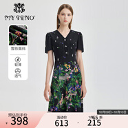 MY TENO春夏新款黑色V領印花連衣裙A字裙雪紡收腰MTS808DR0 黑色 3XL