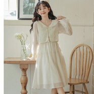 尤柯鳥(niǎo)（yoekbird）2025新款小清新甜美連衣裙馬甲兩件套秋季法式溫柔風(fēng)荷葉邊仙女裙 杏色 S