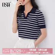 歐莎（OSA）條紋polo領(lǐng)針織衫短袖女高端夏季冰絲薄款休閑百搭顯瘦上衣 藏藍色 M