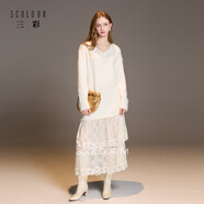 三彩2025冬季新款V領(lǐng)針織連衣裙長(cháng)袖寬松假兩件蕾絲裙M