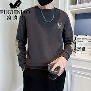 富貴鳥（FUGUINIAO）感刺繡長袖t恤男士春秋季外套潮牌潮流拼色上衣男打底衫衛(wèi)衣 灰色 M