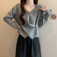 花花公子（PLAYBOY）春季安哥紅V領(lǐng)長(cháng)袖針織開(kāi)衫大碼裝胖mm新年紅色不規則毛衣上衣 灰色上衣【炸街鹽系輕熟/法式感/小香風(fēng)/茶里茶氣/ M 【80-100斤】