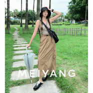 美洋（MEIYANG）沙丘背帶裙 可調節背帶松緊腰復古工裝連衣裙 咖色 M
