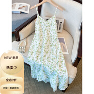 秋水月色伊人綠色碎花吊帶連衣裙女夏季大碼胖mm顯瘦洋氣休閑流行V領(lǐng)雪紡裙子 綠色 L (建議100-120斤)