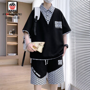 AEMAPE假兩件V領(lǐng)休閑運動(dòng)套裝男潮牌撞色襯衫領(lǐng)短袖t恤男裝一套搭配帥氣 1825黑色套裝 M (約90~105斤可穿)