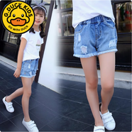 G.duck女童牛仔短褲兒童韓版高腰寬松熱褲2025新款夏季薄款大童女孩褲子 流蘇破洞短褲 150 cm 建議身高140-150cm9-10