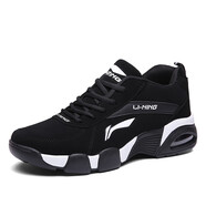 李寧（LI-NING）男鞋2025秋冬新款休閑運動跑步鞋氣墊緩震防滑耐磨皮面大碼加絨 黑白 38