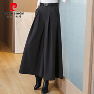 皮爾卡丹加厚毛呢闊腿褲女春秋冬2025新款高腰休閑九分褲寬松顯瘦大腳裙褲 灰色 L