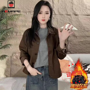 AEMAPE時(shí)尚減齡牛仔短外套女2025春秋新款顯瘦時(shí)髦中老年媽媽裝夾克上衣 咖啡色加絨 加絨 M