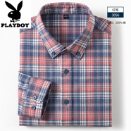 花花公子（PLAYBOY）春秋季純棉磨毛長(zhǎng)袖格子襯衫男士精梳棉水洗抗皺商務(wù)休閑寸衫 3056紅格 L 40/175