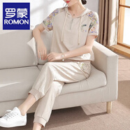 羅蒙（ROMON）媽媽夏裝中老年女裝休閑運動(dòng)服套裝洋氣新款夏季短袖大碼媽媽裝 米色套裝 3XL (建議120-135斤)