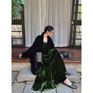 三吉黑花【古蘭朵】傳統(tǒng)侗族刺繡絲絨抓皺長袍外套女2025新款秋 深暗黑 L