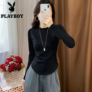 花花公子（PLAYBOY）新款韓版圓領(lǐng)不規則上衣長(cháng)袖打底T恤純色顯瘦修身下擺時(shí)尚外穿長(cháng)T 黑色 XL 建議-【105斤-115斤】