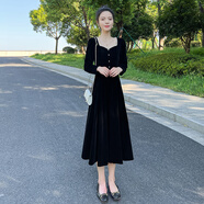 小紅書(shū)爆款法式赫本風(fēng)長(cháng)袖洋裝女秋季2025新款收腰顯瘦氣質(zhì)金絲絨 黑色高端定制 均碼 L建議110-119斤以?xún)却┲?zhù)