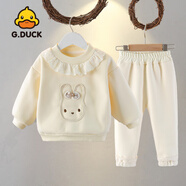 G.DUCK KIDS小黃鴨女寶寶秋冬季甜美可愛(ài)一體絨套裝嬰兒超萌圓領(lǐng)花邊衛(wèi)衣底褲 套裝配米褲神奇小兔 米色 110 cm