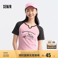 森馬短袖T恤女短款設計感印花夏季插肩袖緊身套頭衫109324100036
