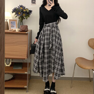 微愛(ài)的小松鼠（weiaidexiaosongshu）2025早秋新款百搭顯瘦拼接復古格子不規則裙擺假兩件連衣裙 圖片色 2XL 大碼