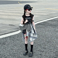 蜜蝶戀女童夏裝套裝新款2025時(shí)髦大童裝背心薄款洋氣裙褲中大童兩件套潮 黑色上衣+牛仔裙褲 120 cm   速發(fā)  