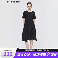 S.DEER圣迪奧2022個性圓領(lǐng)拼接短袖休閑通勤連衣裙 黑色/91 S 160