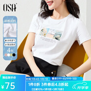 歐莎（OSA）白色短款T恤女士夏季新款衣服短袖印花顯瘦正肩上衣體恤修身 白色 XS